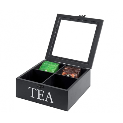 4-Slot Black Wood Tea Bag Storage Chest with Clear Acrylic Lid