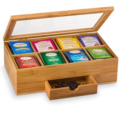 Custom 8 Compartment Dipslay Window Wooden Tea Box Nature Wood Paper Tea Box Tea Packing Case With Small Drawer