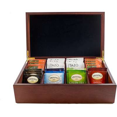 8 Compartment Wholesale Big brown Matt Lacquer Wooden Tea Box Paper Bag Tea Wood Package Box With Metal Hinges