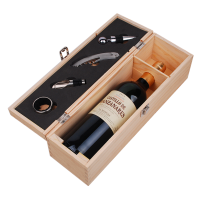 Factory Wholesale Single Pine Wooden Wine Gift Box with 4 Accessories