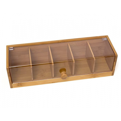 Bamboo Wood and Acrylic Tea Box with 5 Sections 14" x 5" x 3-3/4"