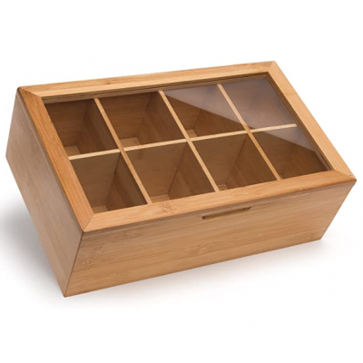 Wood Compact Tea & Food Storage Organizer Bin Box - 6 Divided Sections - Holder for Tea Bags, Coffee, Packets, Sugar