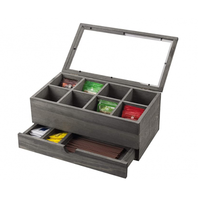 8-Slot Vintage Grey Tea Bag Storage Case box with Clear Lid & Pullout Drawer