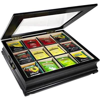 Custom 12 Compartment Black Glossy Lacquer Wooden Tea Box Paper Tea Bag Organizer Wooden Box Display Window